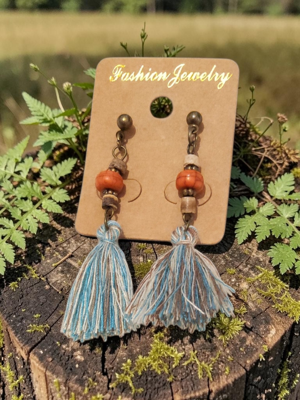10 / $10 Fashion Jewelry Blue and Tan Boho Tassel Earrings with Wooden Beads